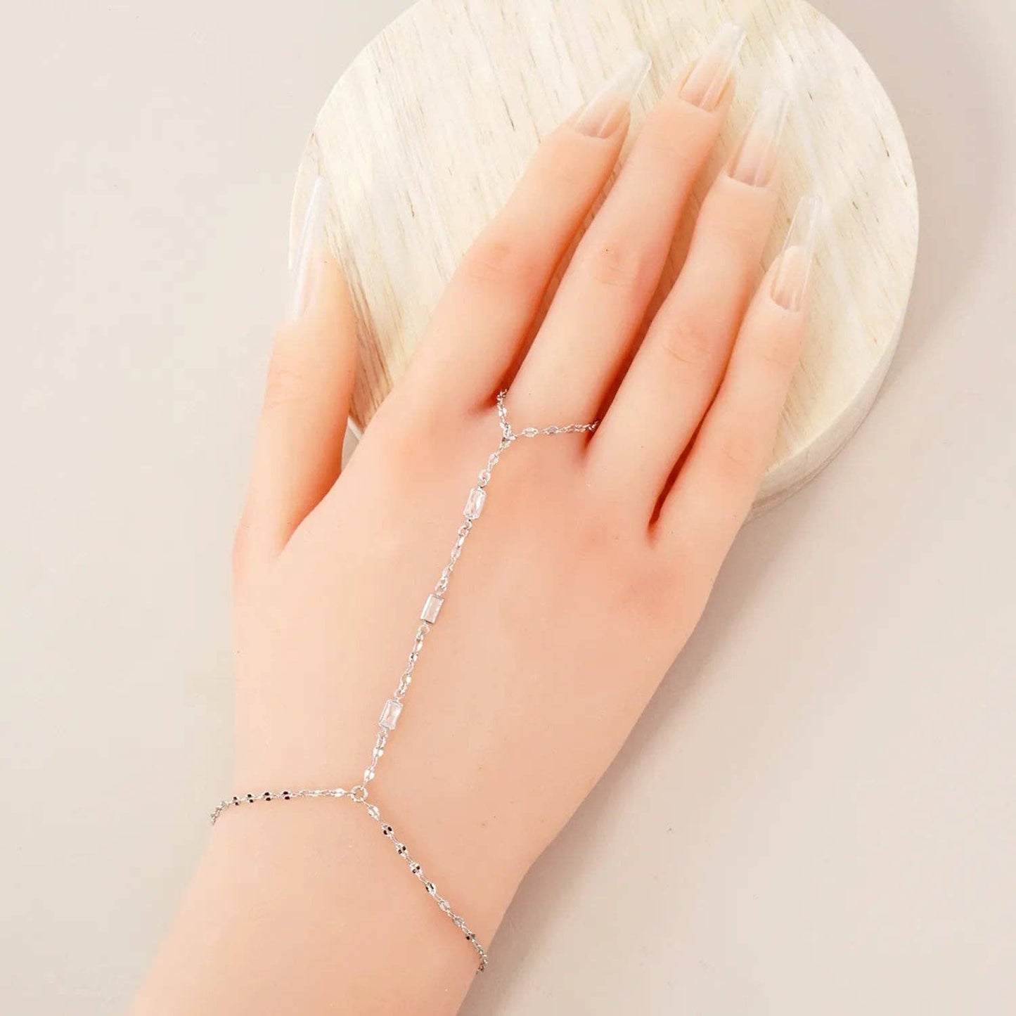 Three Rectangle CZ Accent 18K-Gold-Dipped Delicate Brass Hand-Chain Bracelet: Gold