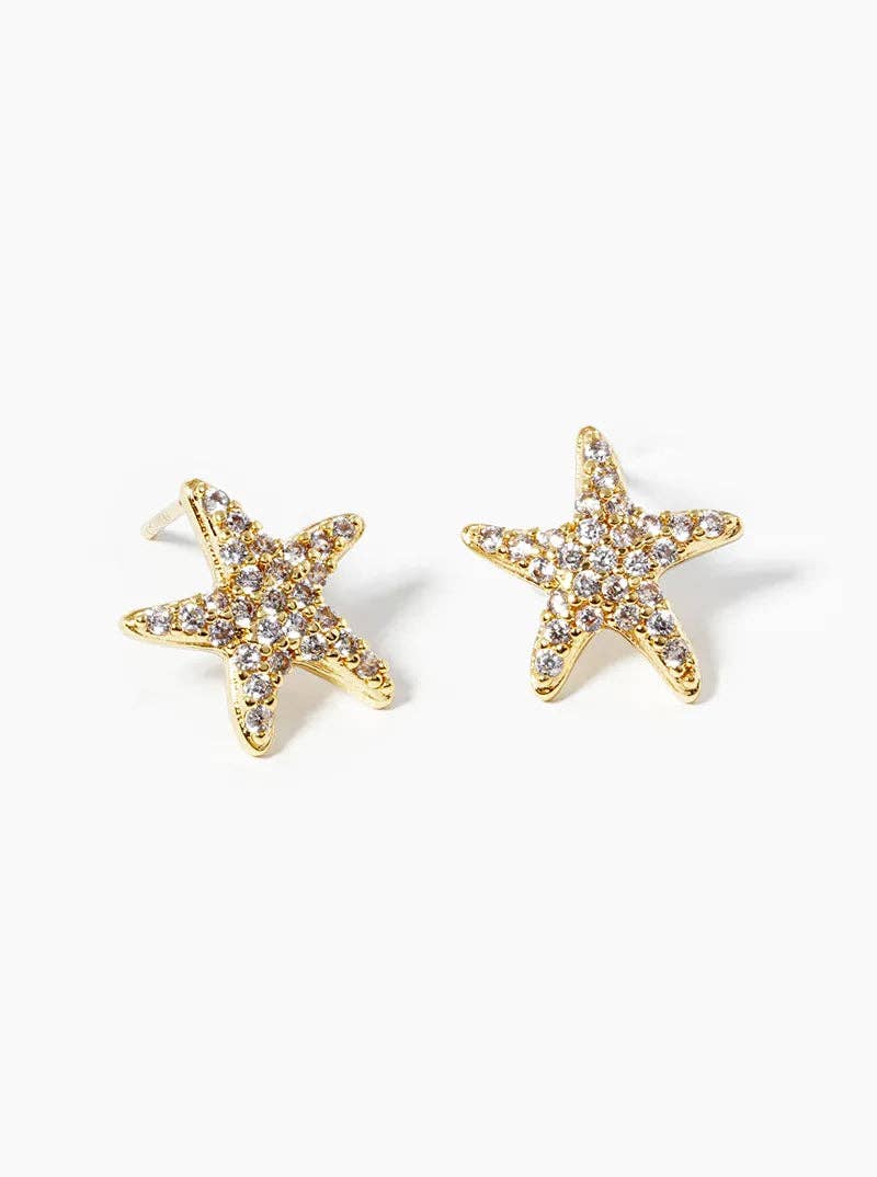 White Gold Dipped CZ Pave Starfish Post Stud Earrings: Gold