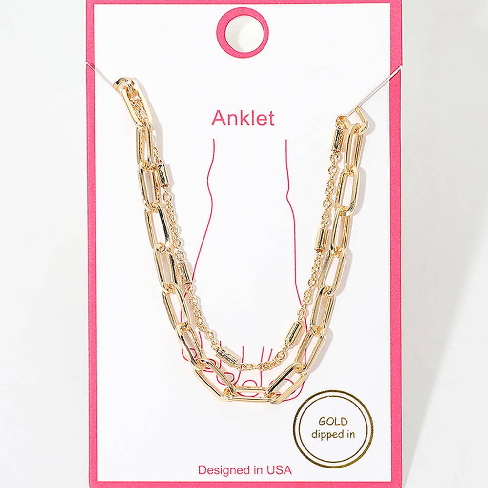 Gold Dipped Bar Paperclip Layered Chain Anklet: Gold