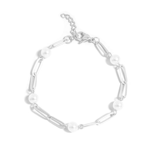 18K Gold PVD Steel Station Pearl Paperclip Chain Bracelet: Stainless