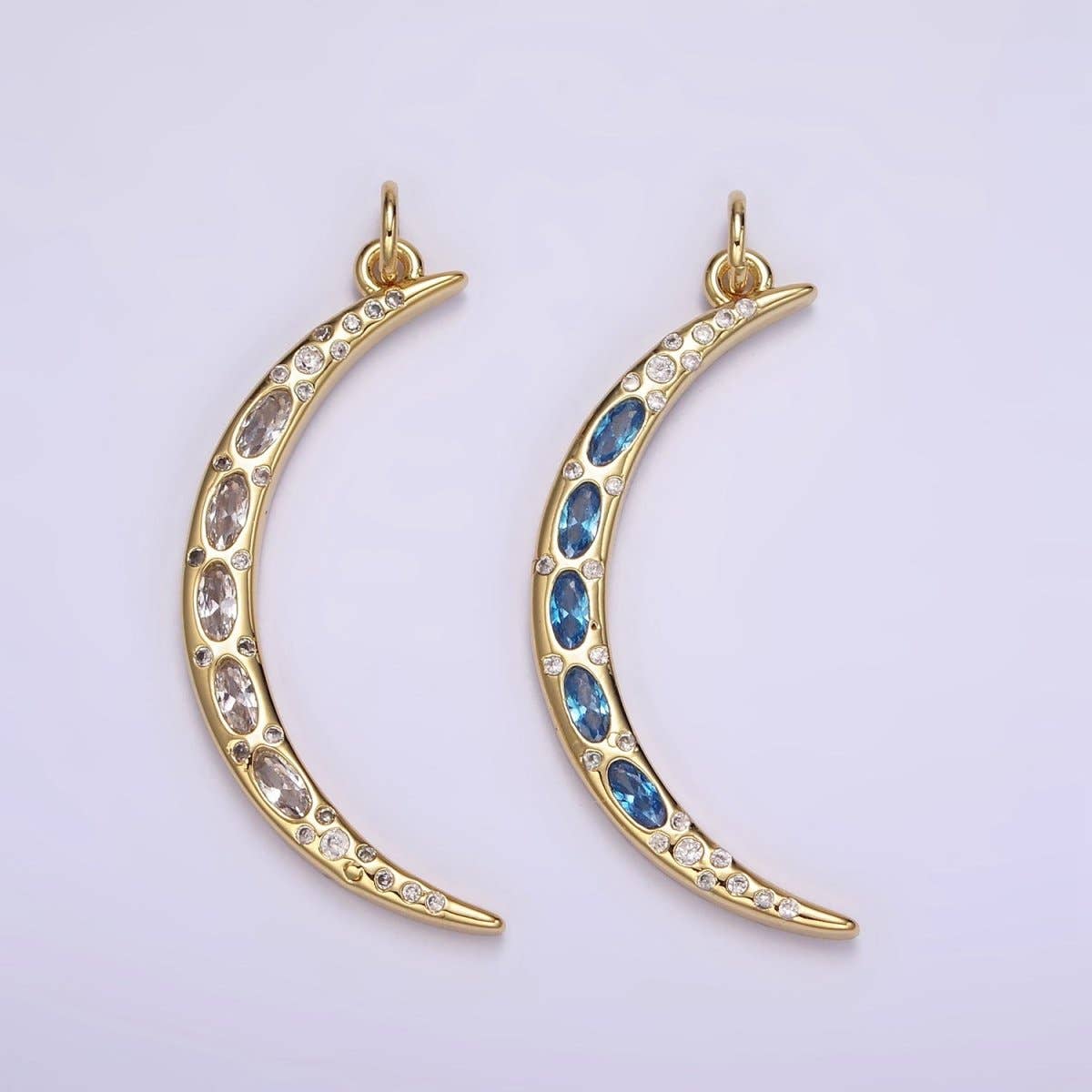 24K Gold Filled Clear, Blue CZ Dotted Crescent Moon Charm | M107: Blue