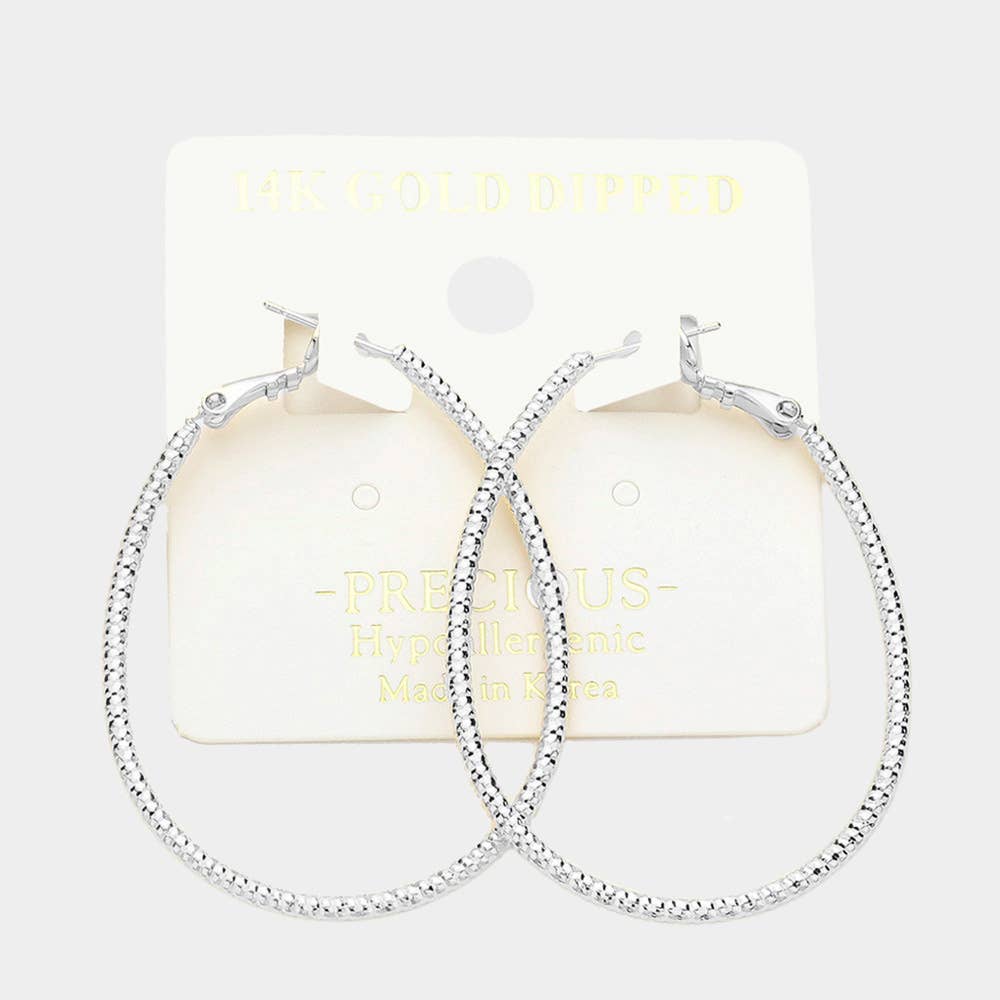 14K Gold Dipped Hypoallergenic Textured Metal Oval Hoop Earrings: Gold