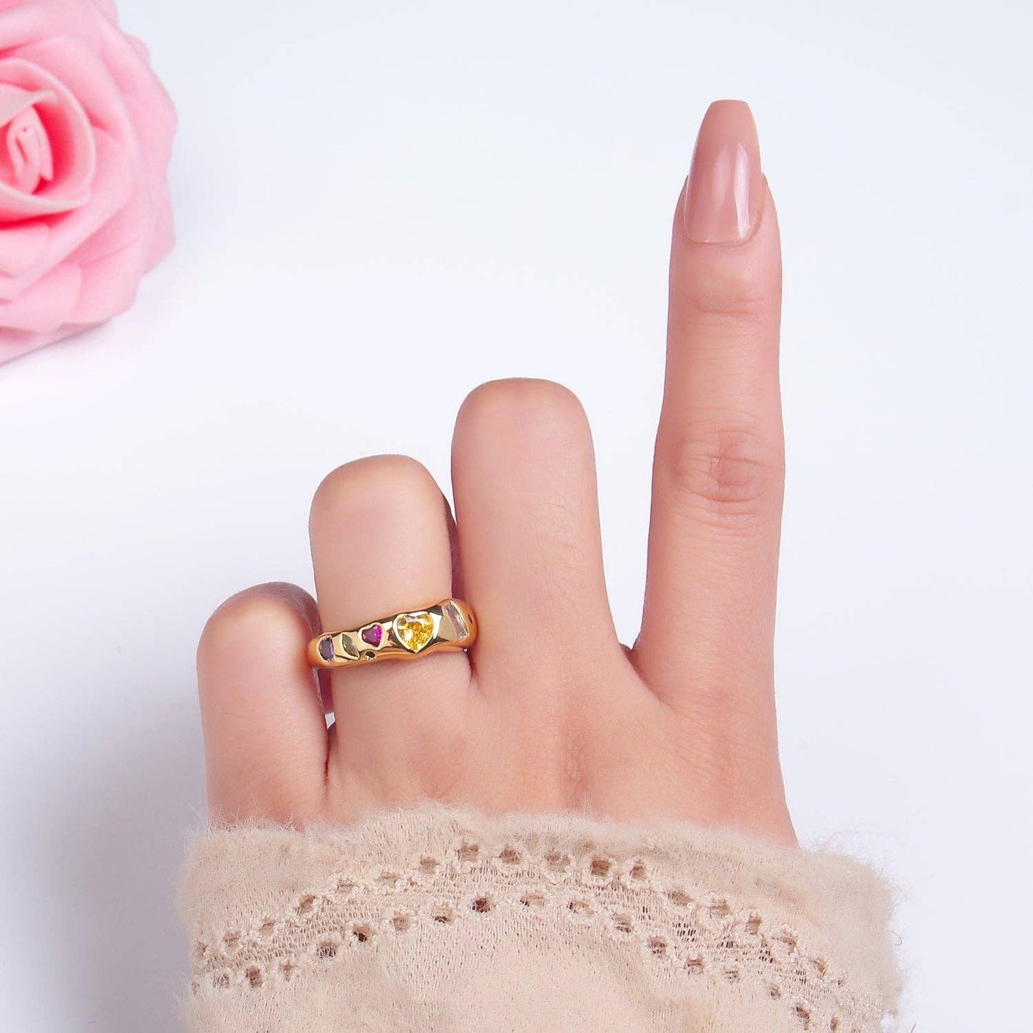 24K Gold Filled Multicolor Geometric CZ Ring in Gold & Silver | O740 O743: Yellow Gold