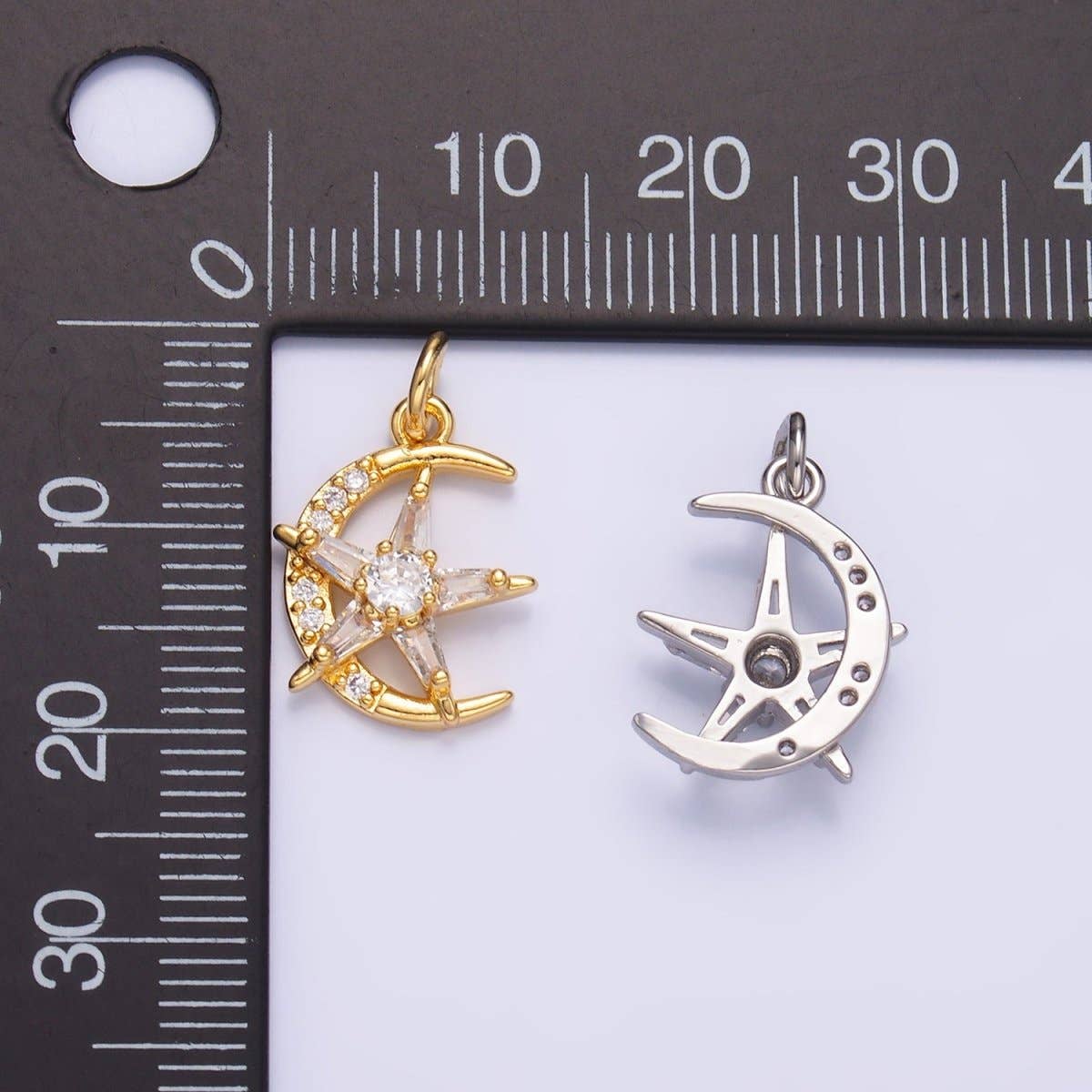 24K Gold Filled Celestial Crescent Moon Star Micro Paved CZ Mini Charm in Gold & Silver | W811: Silver