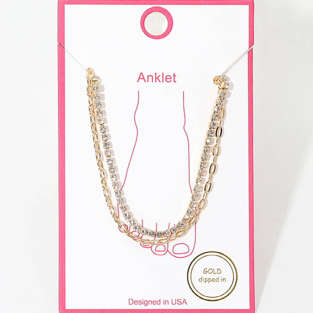 Gold Dipped Tennis Link Layered Chain Anklet: Rhodium