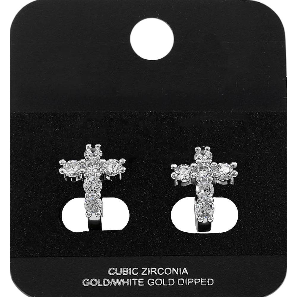 Gold Dipped CZ Cluster Cross Mini Open Hoop Earrings: Gold