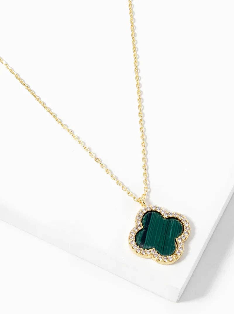 White Gold Dipped CZ Pave 15mm Quatrefoil Pendant Necklace: Gold-Green
