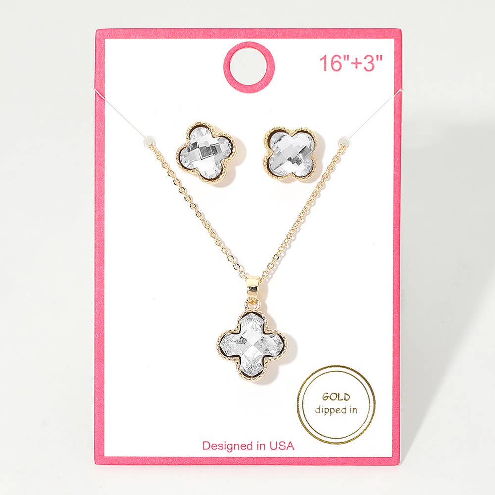 Gold Dipped Quatrefoil Stone Pendant Necklace: Clear,Gold