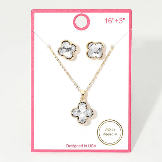 Gold Dipped Quatrefoil Stone Pendant Necklace: Clear,Gold