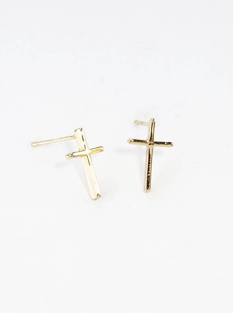 White Gold Dipped Dainty Cross Post Stud Earrings: Gold