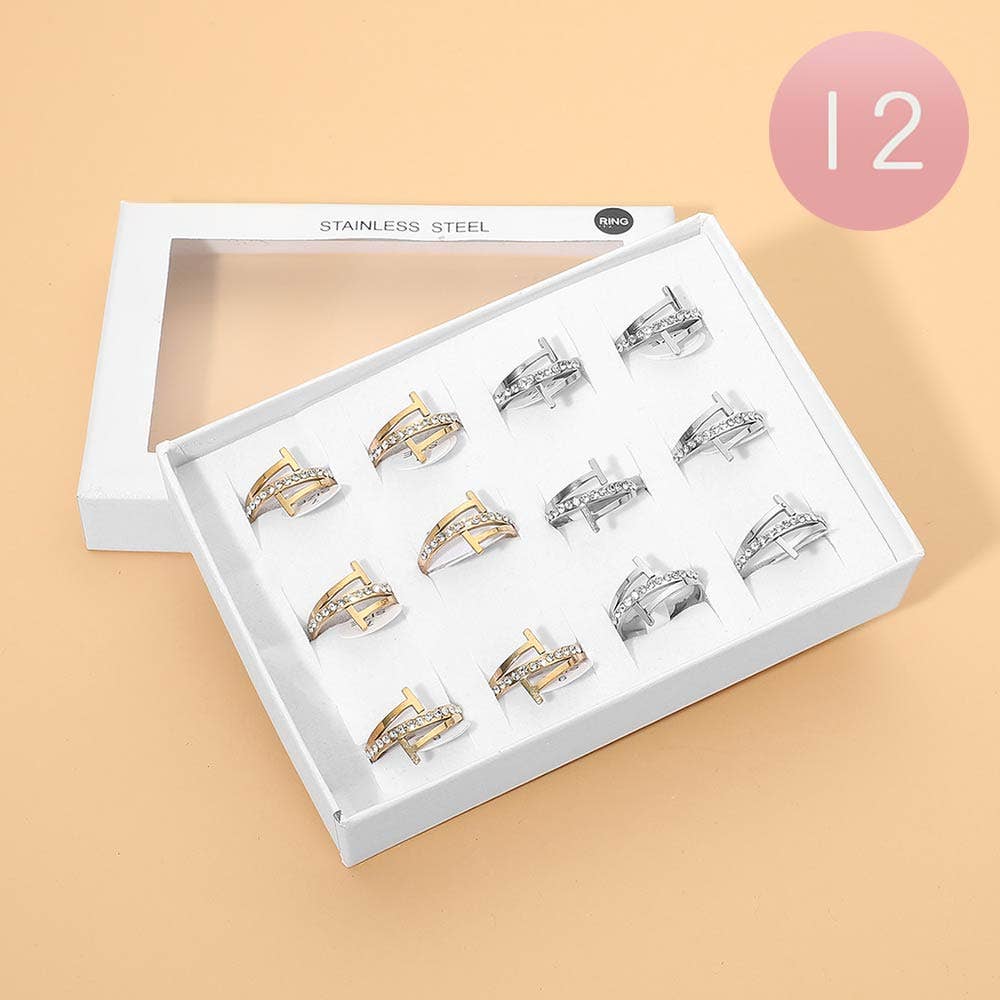 12PCS - Stainless Steel Rhinestone Pave T Tip Wrap Rings
