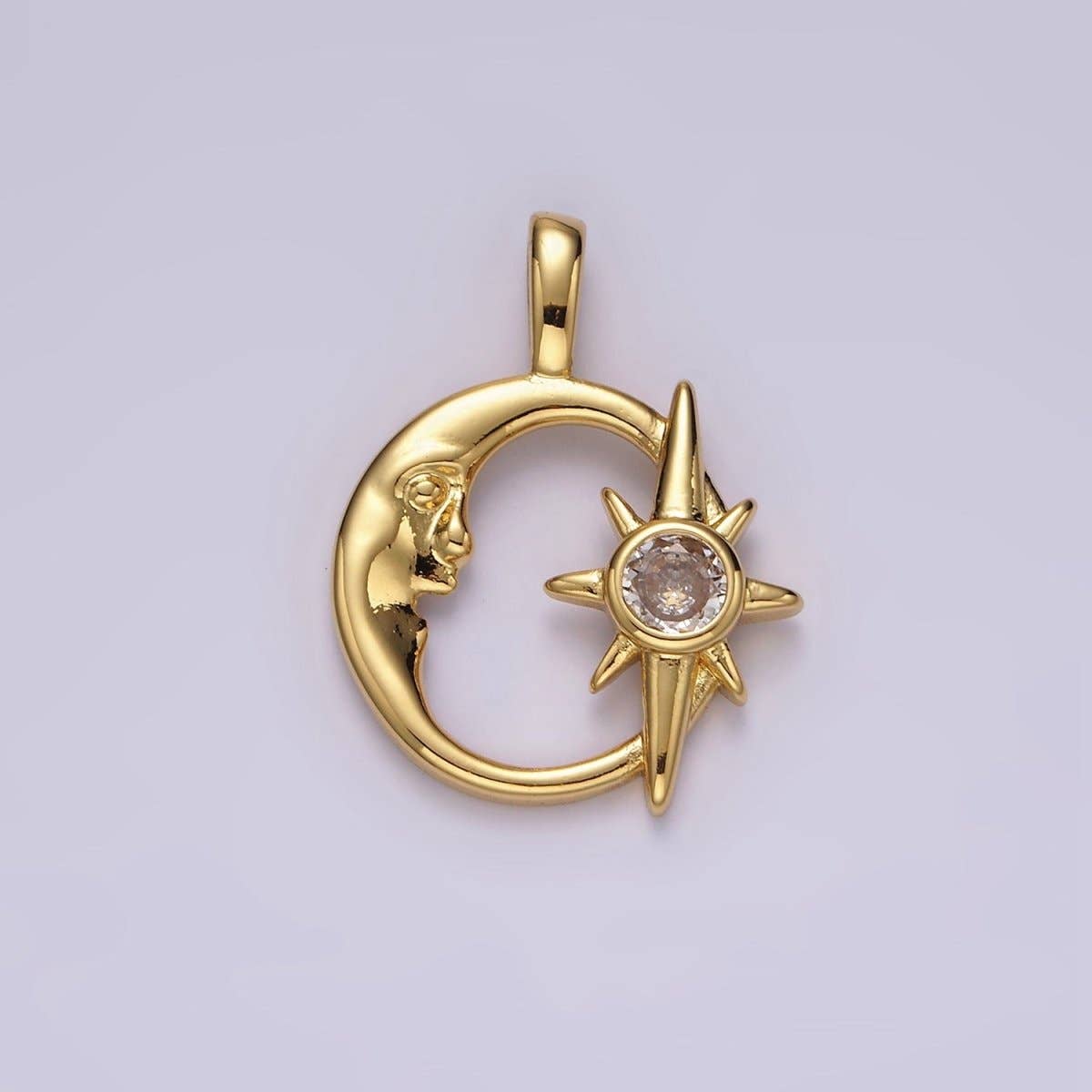 14K Gold Filled Clear CZ Celestial Star Crescent Moon Open Pendant | AA685