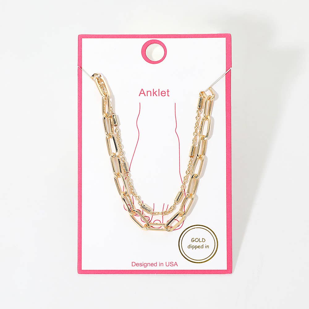 Gold Dipped Bar Paperclip Layered Chain Anklet: Gold