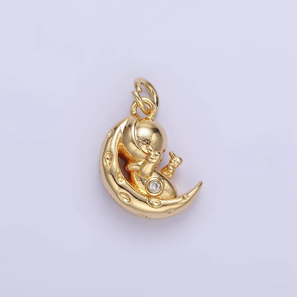 16K Gold Filled Hammered Celestial Crescent Moon Space Man Charm in Gold & Silver | E389: Silver