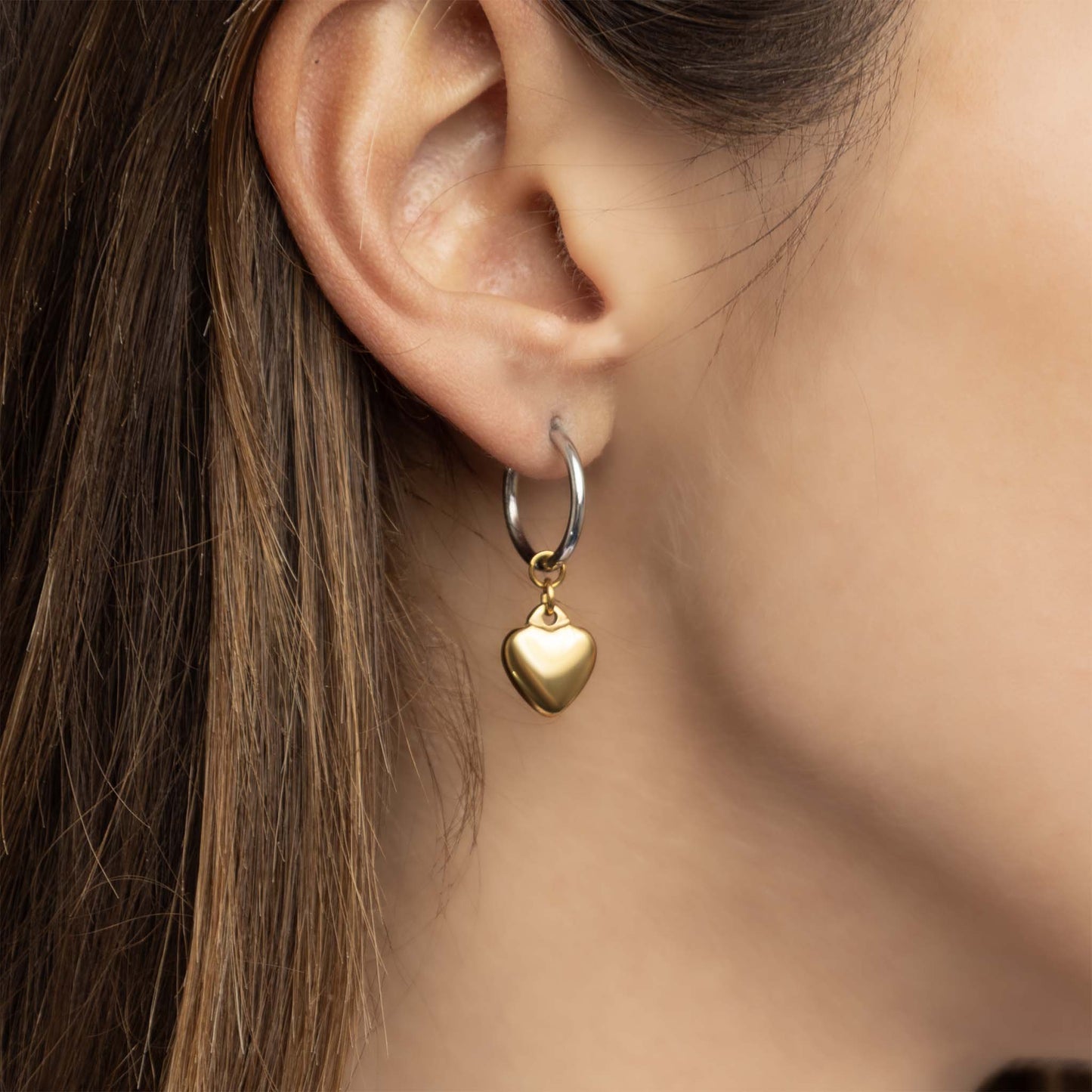 18K Gold Stainless Steel Mixed Metal Heart Charm Earrings: Stainless