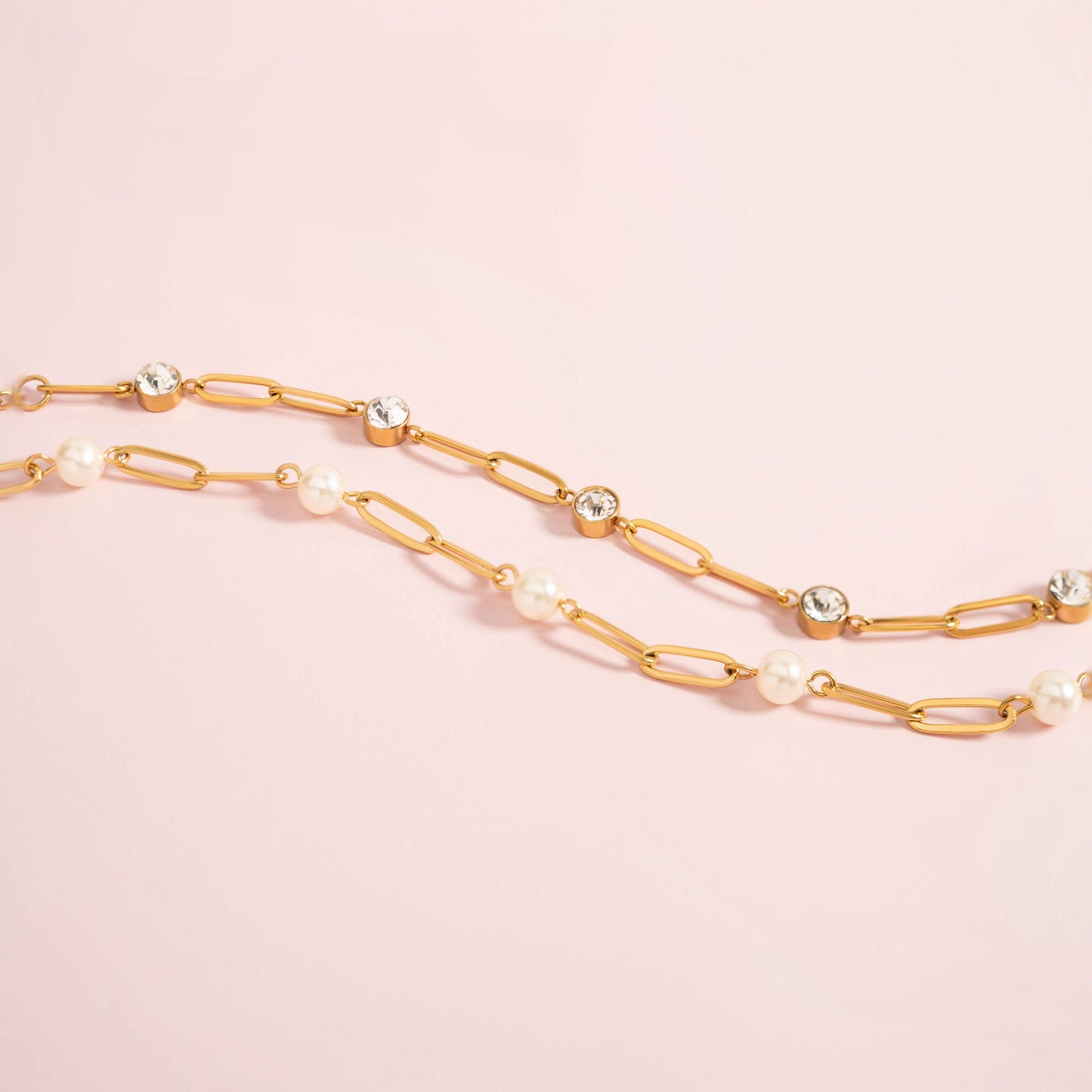 18K Gold PVD Steel Station Pearl Paperclip Chain Bracelet: Stainless