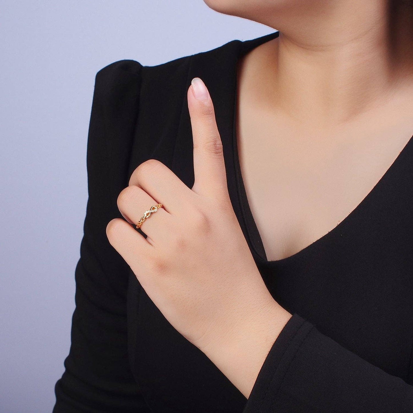 Gold Micro Paved Infinity Cable Chain Link Adjustable Stacking Ring | X587