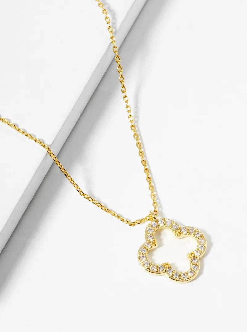 18K Gold Dipped Cz Pave 15Mm Quatrefoil Pendant Necklace: Rhodium