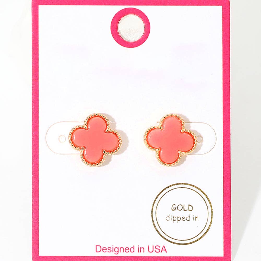 Gold Dipped Quatrefoil Stud Earrings: Rhodium,White