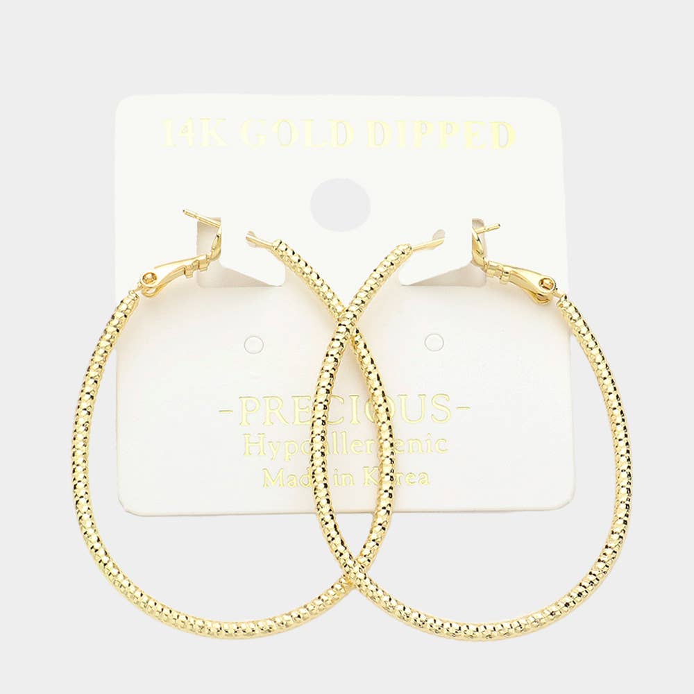 14K Gold Dipped Hypoallergenic Textured Metal Oval Hoop Earrings: Gold