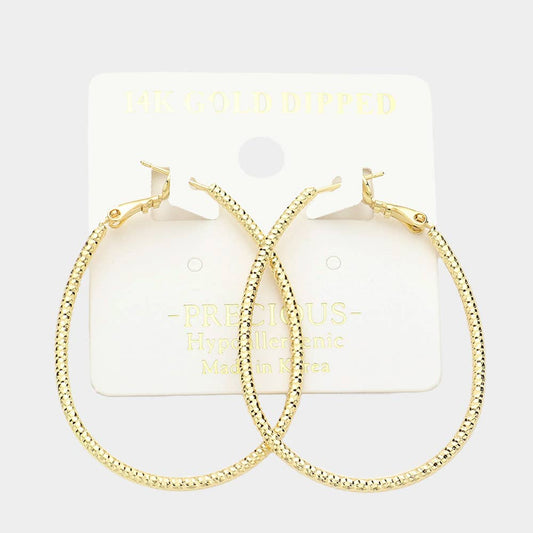 14K Gold Dipped Hypoallergenic Textured Metal Oval Hoop Earrings: Gold