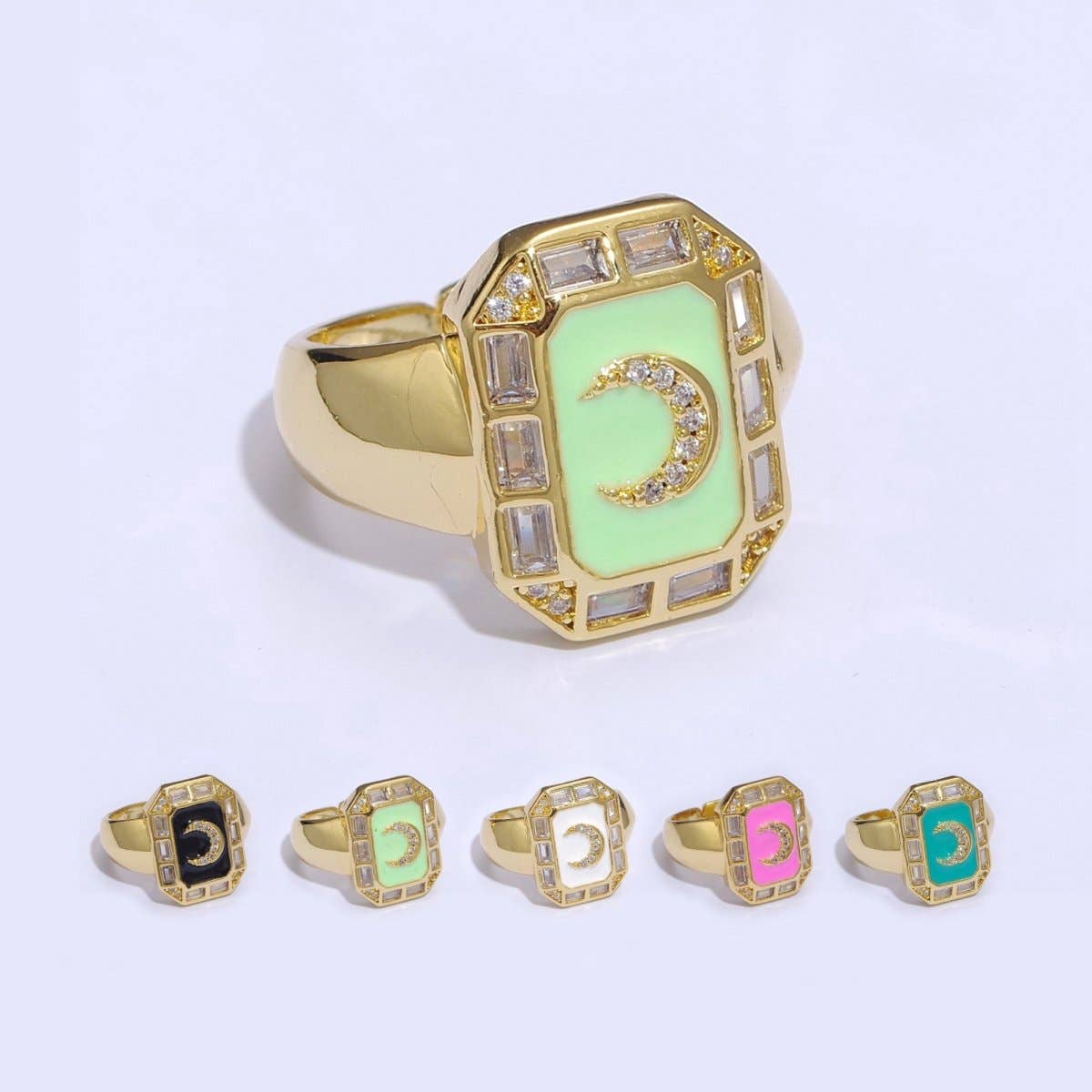 Crescent Moon Spinel Signet Ring Gold Chunky Ring Celestial Enamel Colorful Cz Jewelry U-001~U-005: White