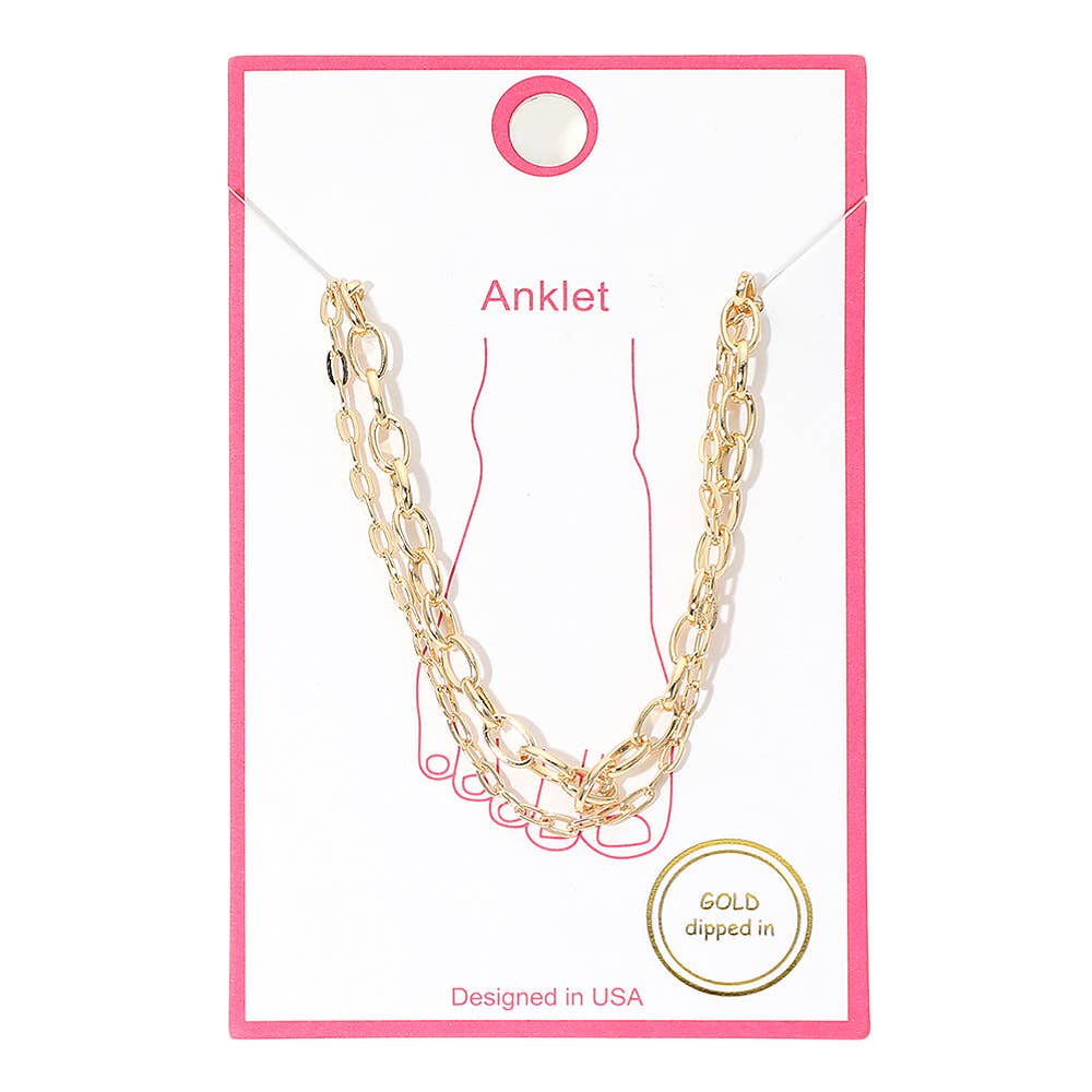 Gold Dipped Oval Link Chain Layered Anklet: Gold