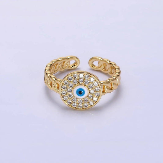 14K Gold Filled Red, White Evil Eye Enamel Round Clear Micro Paved CZ Curb Link Adjustable Ring | O-594 O-595: White