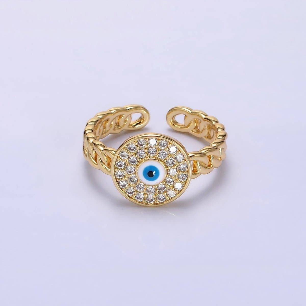 14K Gold Filled Red, White Evil Eye Enamel Round Clear Micro Paved CZ Curb Link Adjustable Ring | O-594 O-595: Red