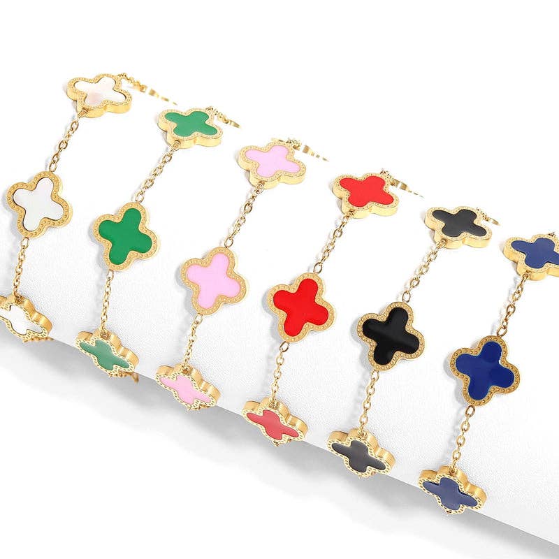 18K Gold PVD Stainless Steel Lucky Clover Charm Bracelet: Pink / Gold