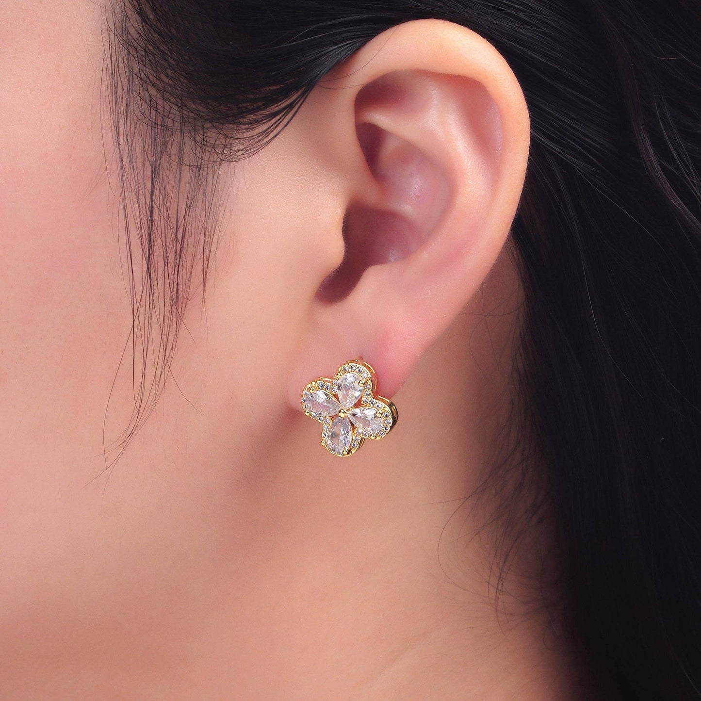 24K Gold Filled Clear CZ Micro Paved CZ Quatrefoil Stud Earrings in Gold & Silver | AB688 AB689: Gold