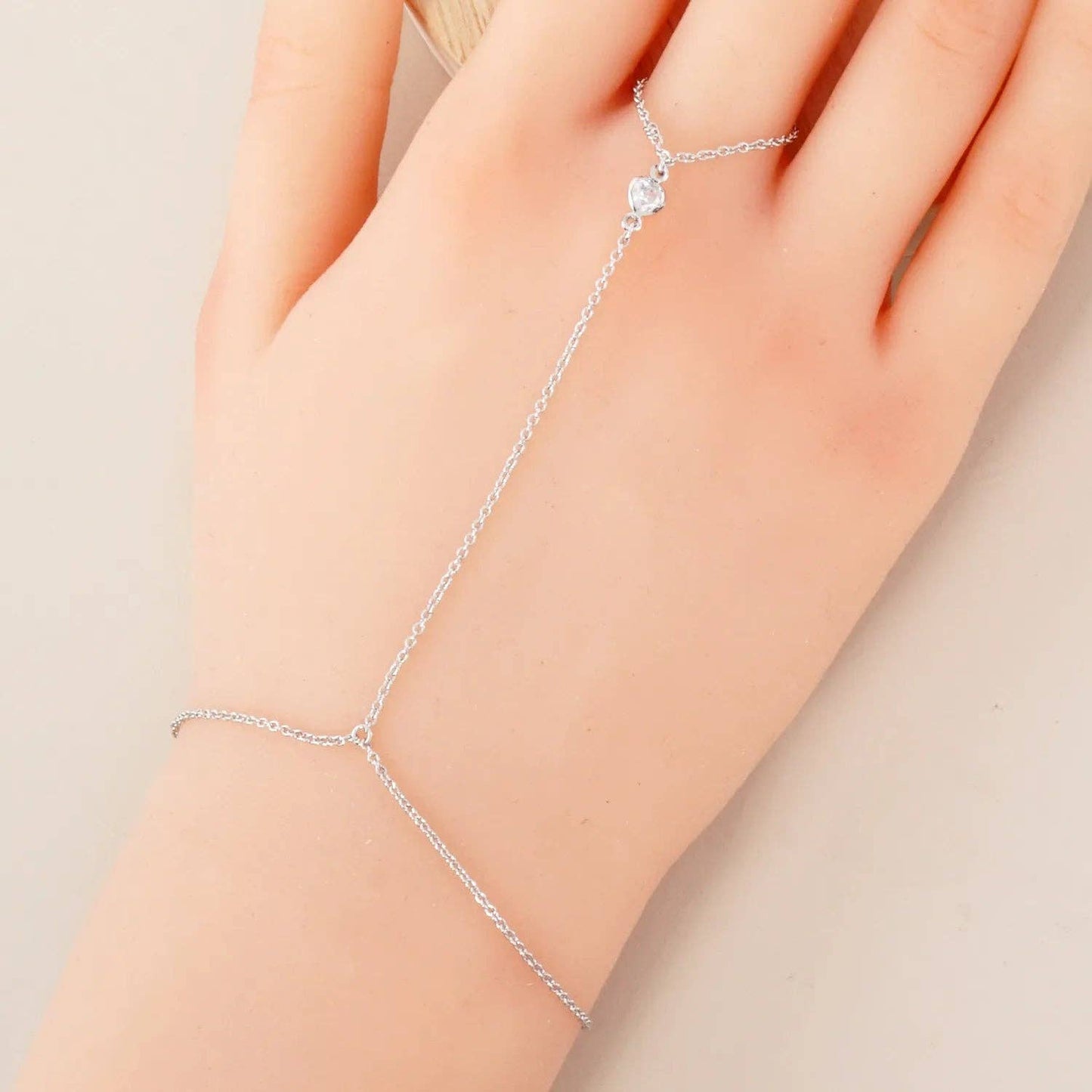 Three Rectangle CZ Accent 18K-Gold-Dipped Delicate Brass Hand-Chain Bracelet: Gold