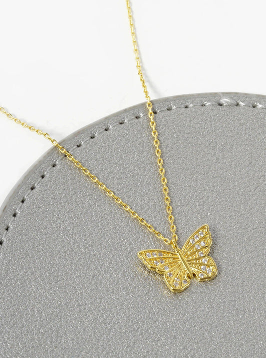 White Gold Dipped Pave Cubic Zirconia Butterfly Pendant Necklace: Gold