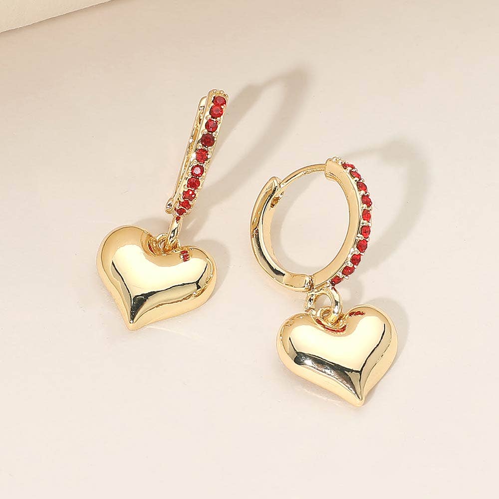 Gold Dipped Heart Charm Drop Dangle Stone Pave Huggie Hoop Earrings: Gold,Siam