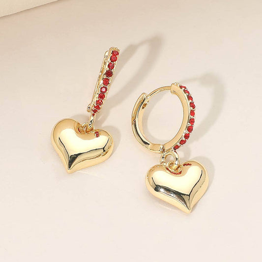 Gold Dipped Heart Charm Drop Dangle Stone Pave Huggie Hoop Earrings: Gold,Siam