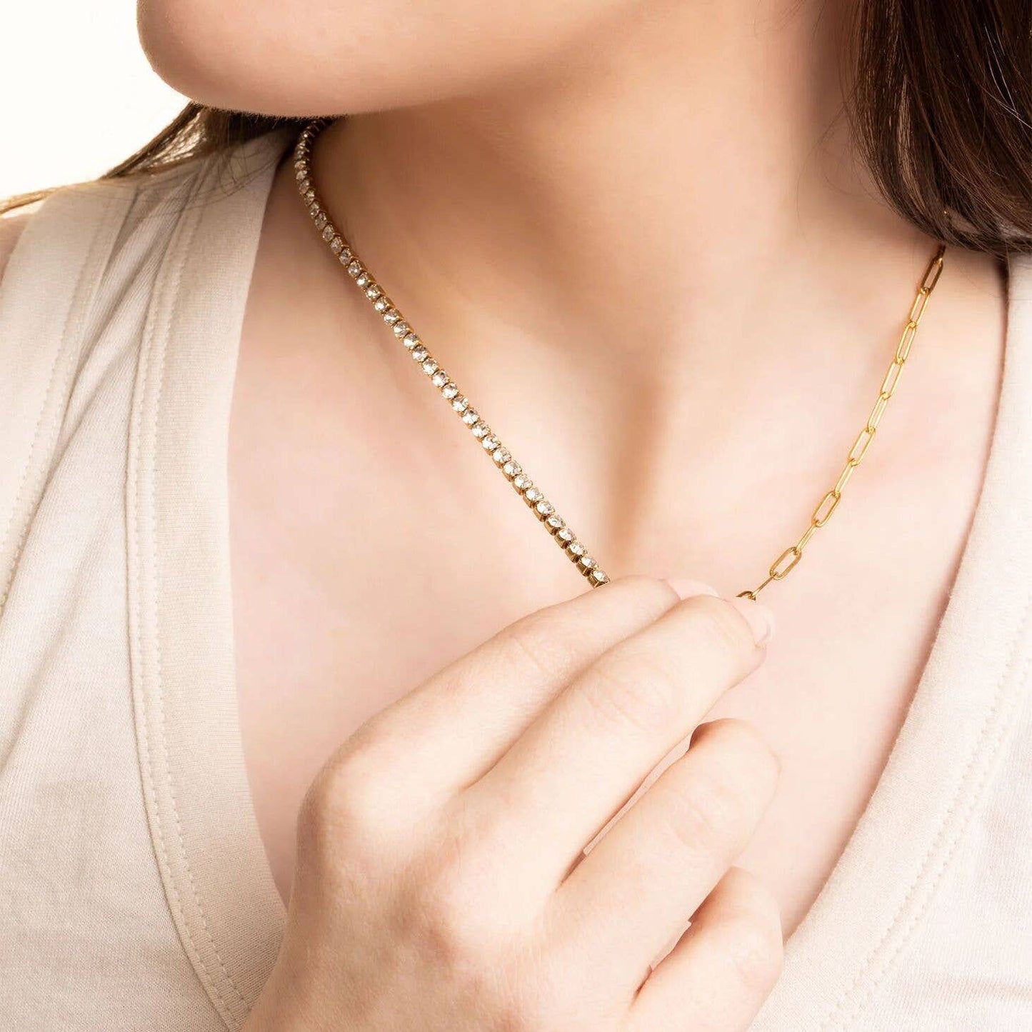 Paperclip Tennis Chain Split Necklace: Gold