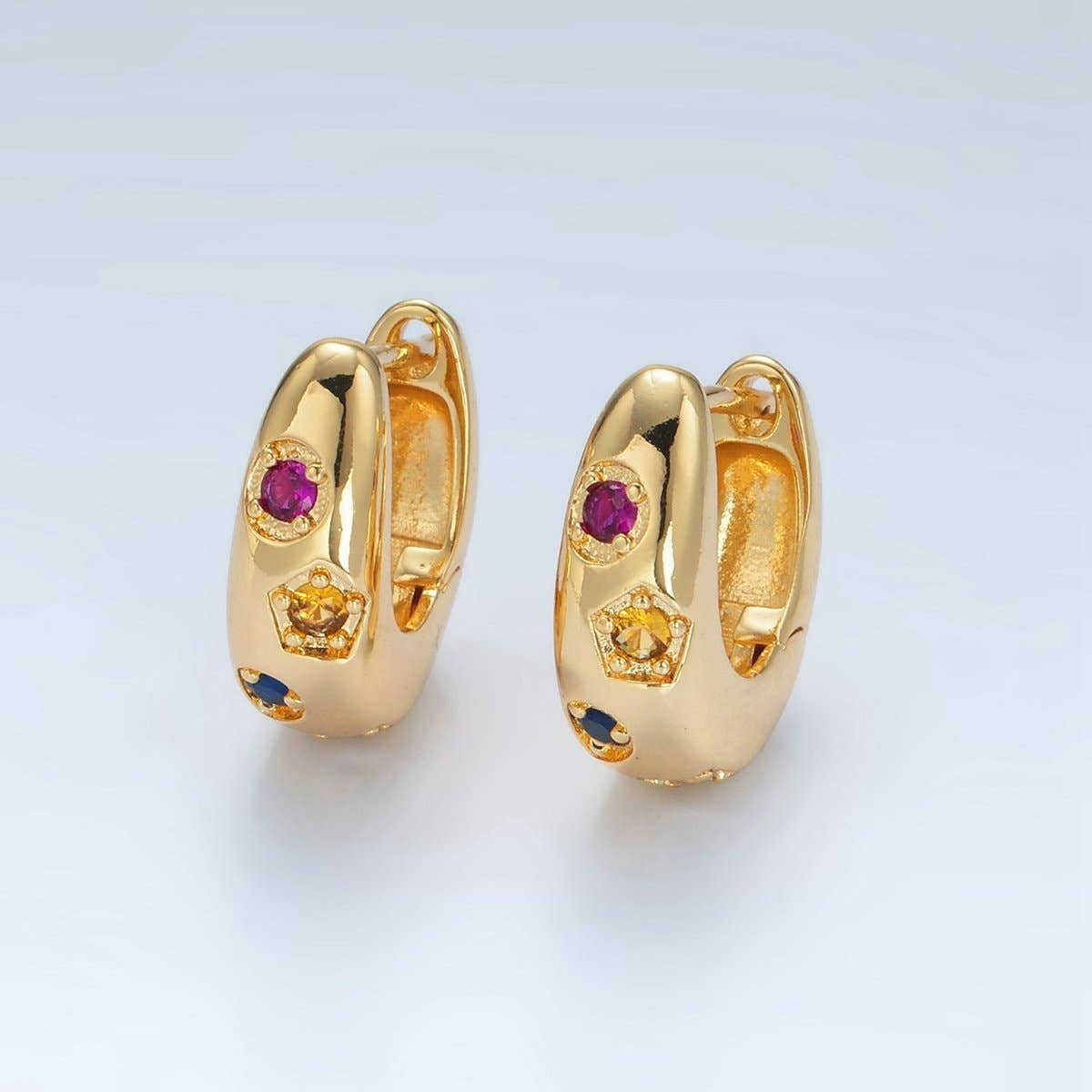 24K Gold Filled 20mm Multicolor Geometric CZ Huggie Earrings | AD757