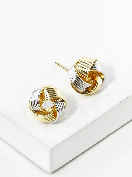 18K Gold Dipped Textured 10Mm Love Knot Stud Earrings: Two-Tone