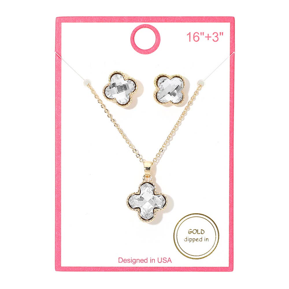 Gold Dipped Quatrefoil Stone Pendant Necklace: Clear,Gold