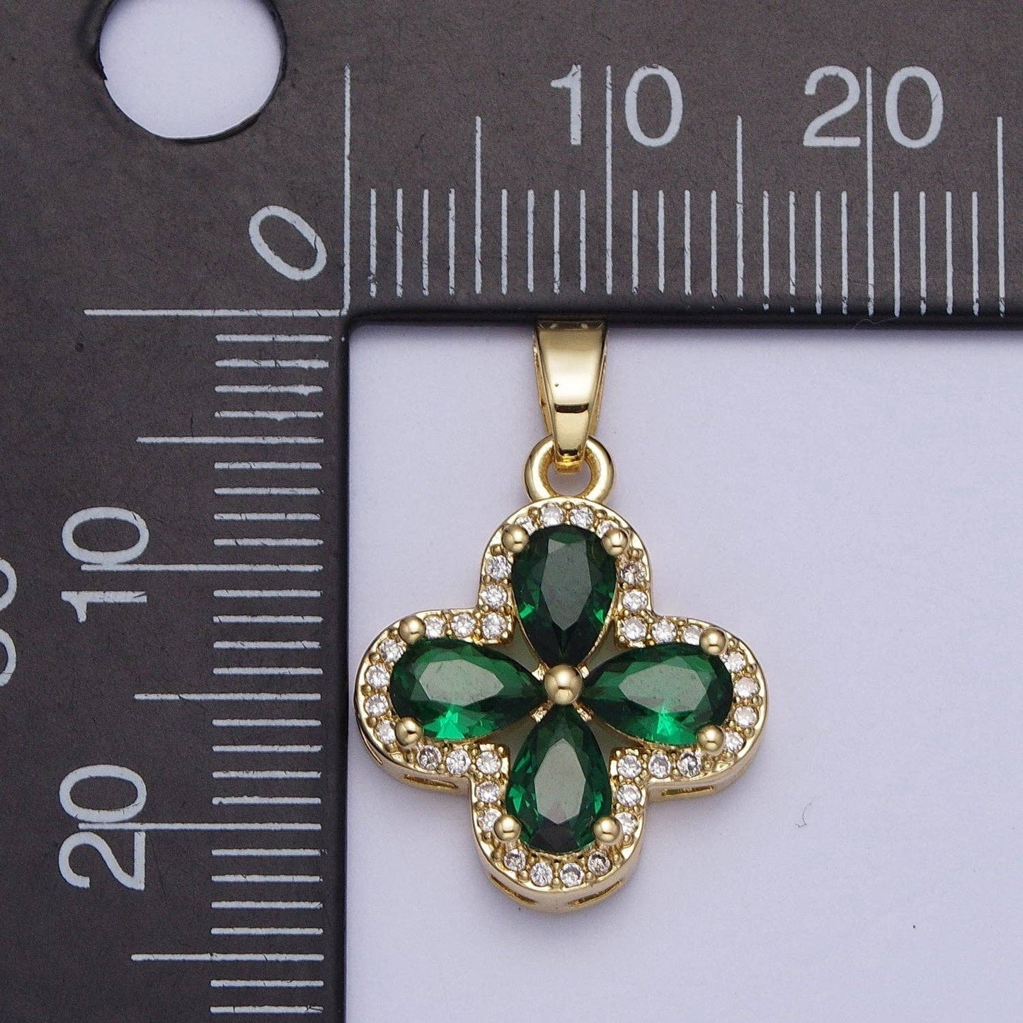 Micro Paved Quatrefoil Lucky Clover Pendant with Teardrop Cubic Zirconia Pendant For DIY Necklace Making | X-516-X-519: Clear