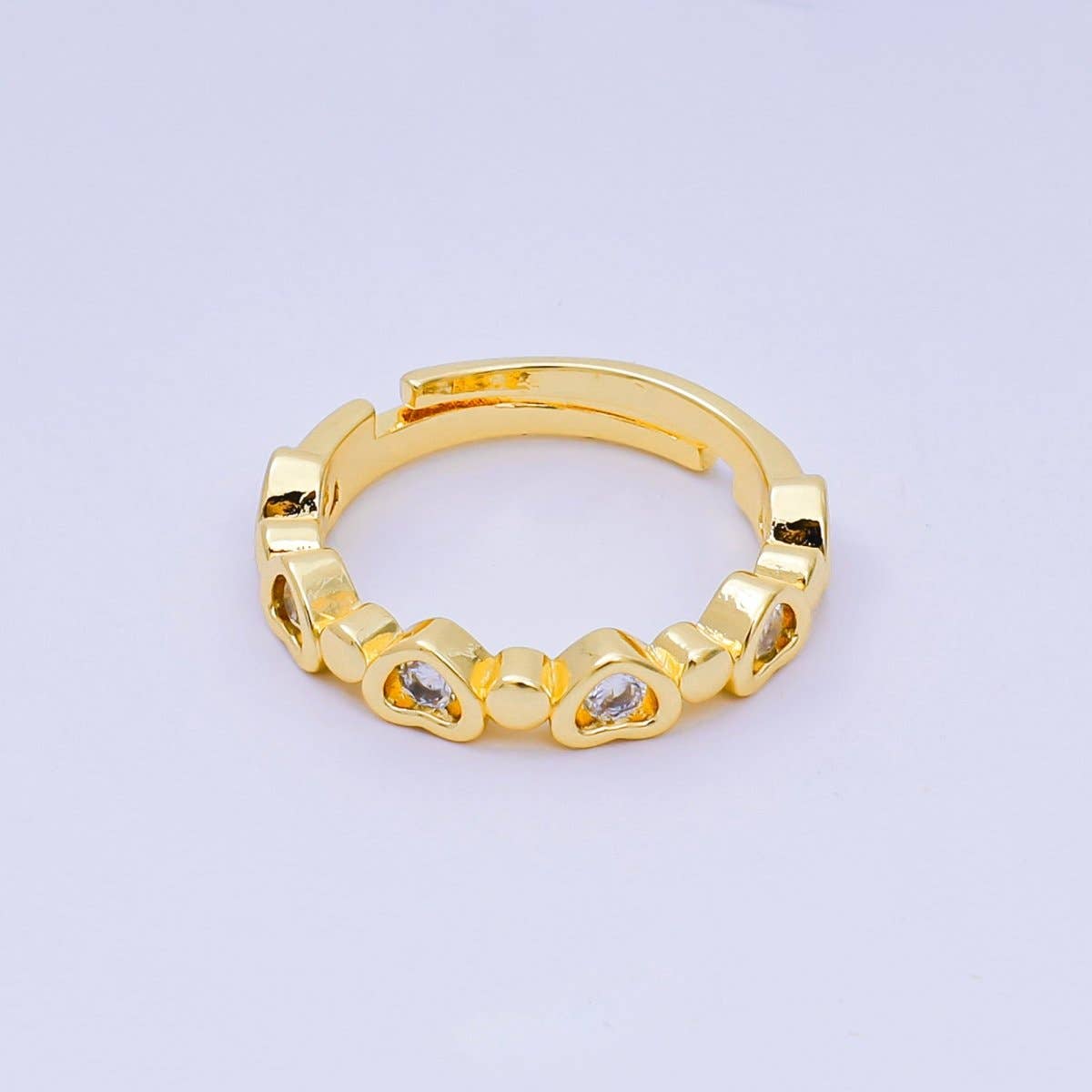 24K Gold Filled Micro Paved CZ Half-Circle Heart Adjustable Ring | O-1454