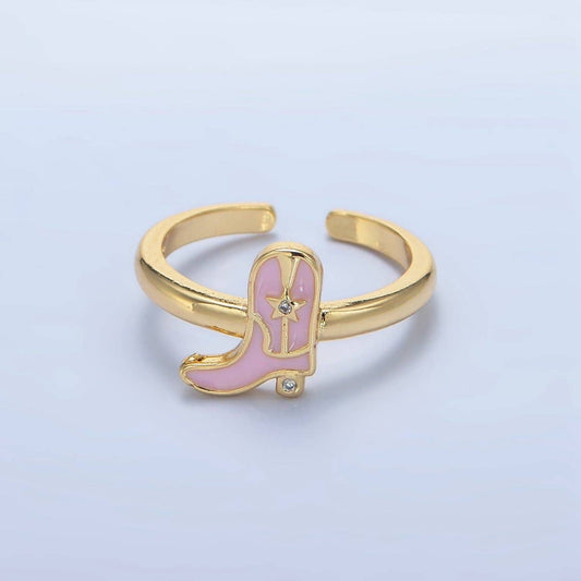 24K Gold Filled CZ Pink Enamel Cowboy Boots Ring | O979