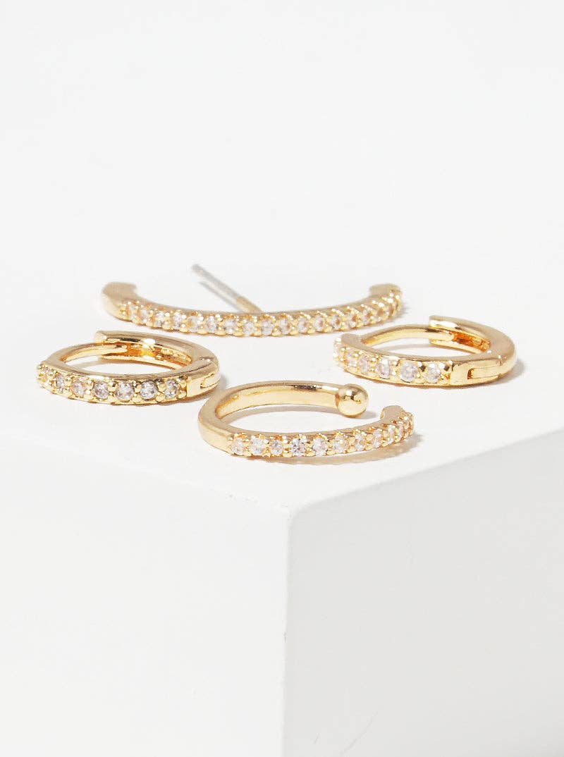 4pcs Assorted White Gold Dipped CZ Hoop Earrings With Ear Cuffs: Gold