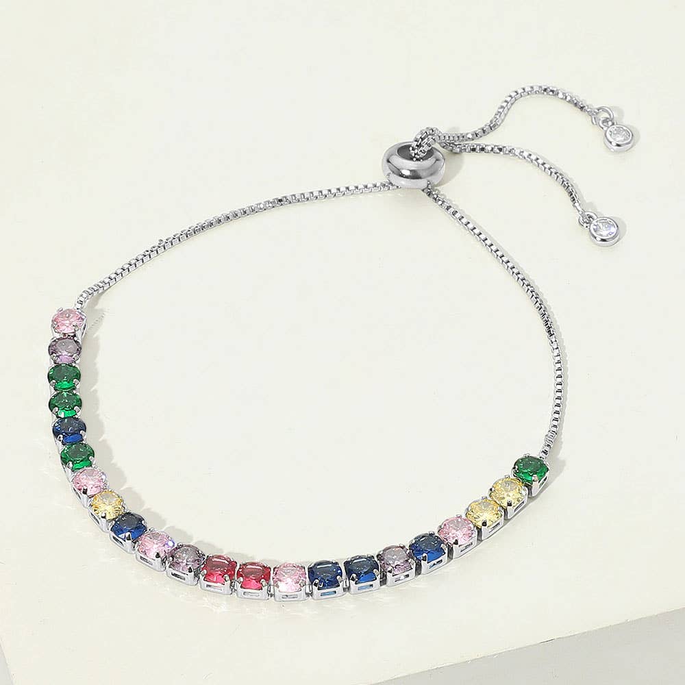 Stainless Steel Round CZ Tennis Chain Pull Tie Bracelet: Multi