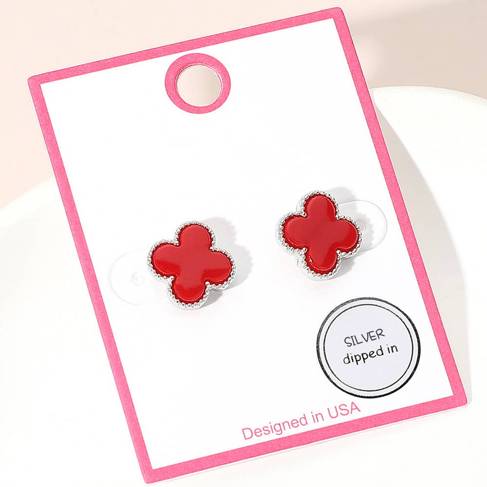 Gold Dipped Quatrefoil Stud Earrings: Rhodium,White