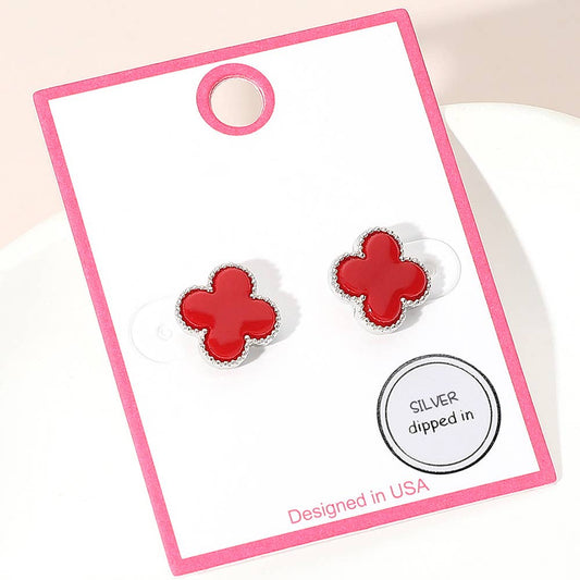 Gold Dipped Quatrefoil Stud Earrings: Red,Rhodium
