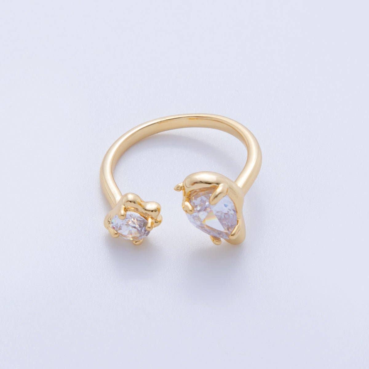 18K Gold Filled Double Clear Teardrop Round CZ Molten Claw Wrap Ring | O1754