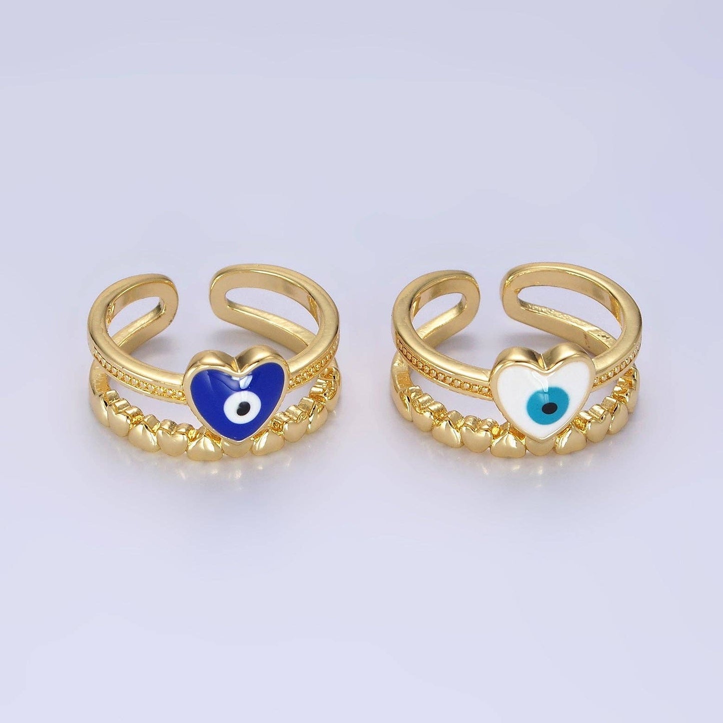 GoldFilled White/Blue Evil Eye Heart Beaded Double Band Ring: White