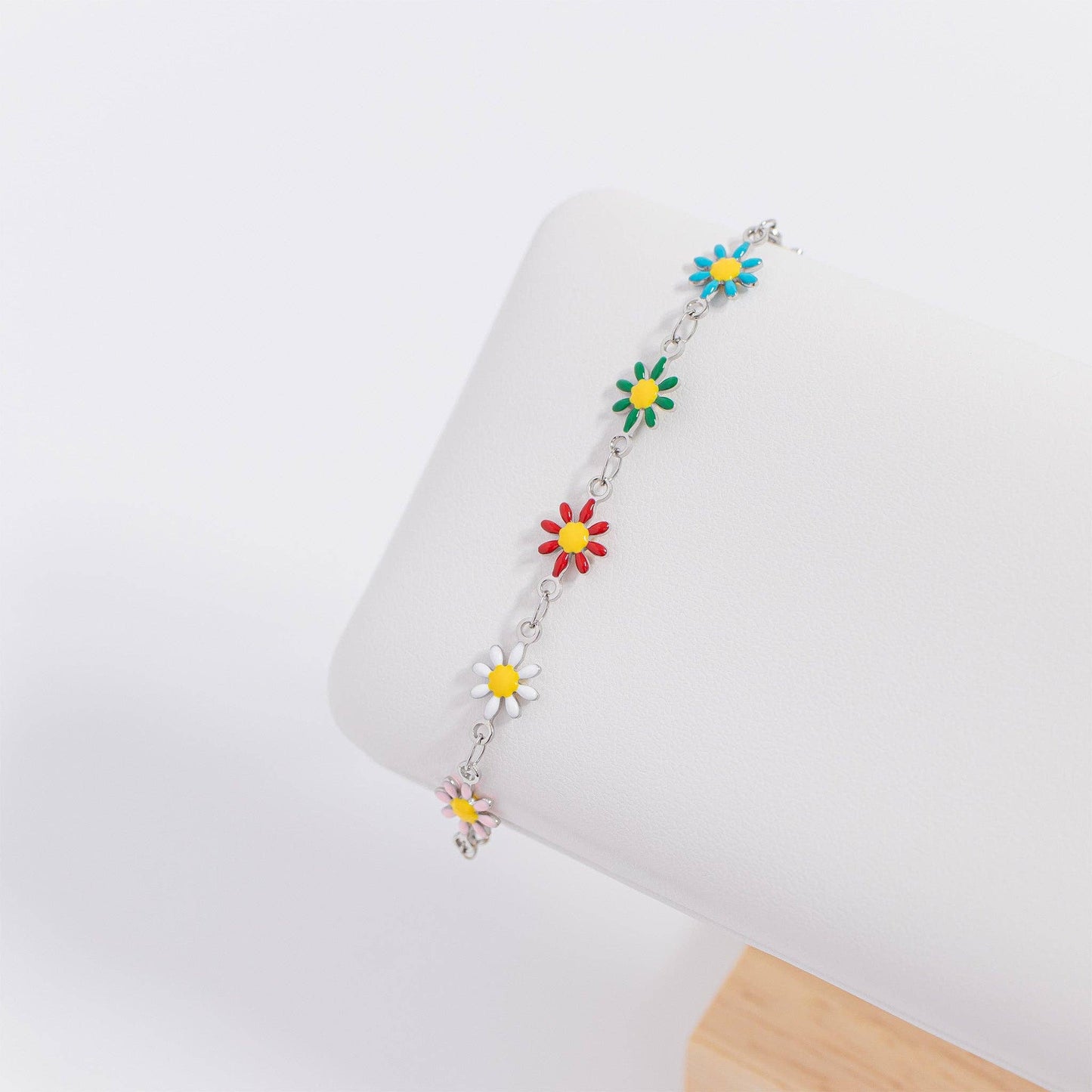 18K Gold PVD Multi Colored Floral Chain Bracelet: Stainless