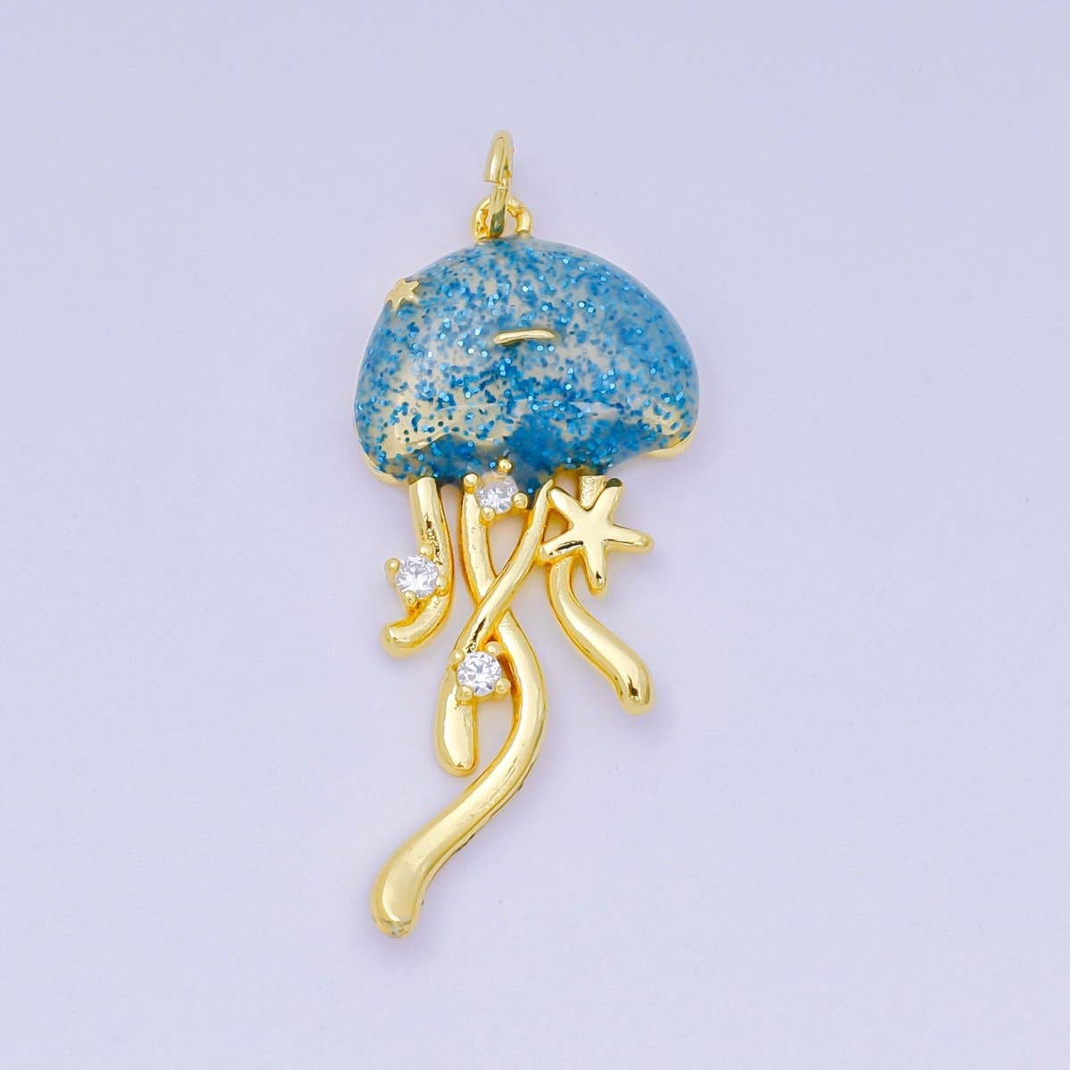 24K Gold Filled 35.5mm Enamel Art Blue Glittered Jellyfish Sea Animal Charm | AH-605